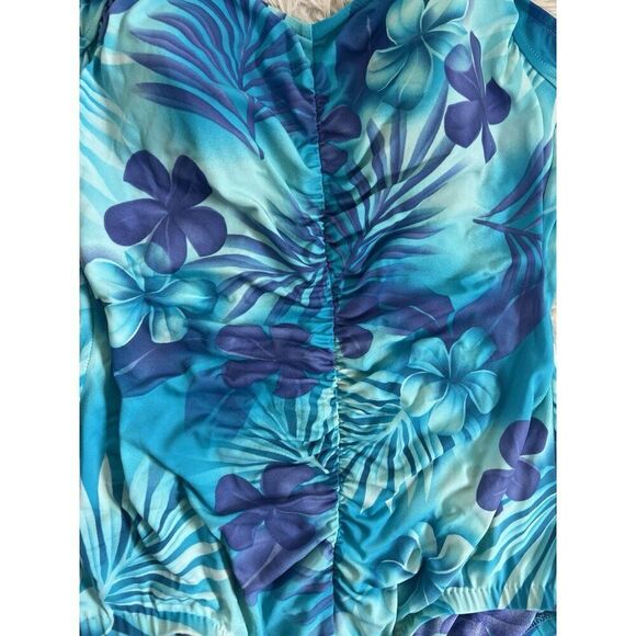 Maxine Womens Vintage Blue Tropical Floral Shirred Front One Piece Swimsuit 16 - Picture 12 of 14